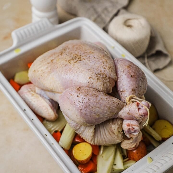 Trussed chicken or turkey with butcher's twine on a bed of vegetables.