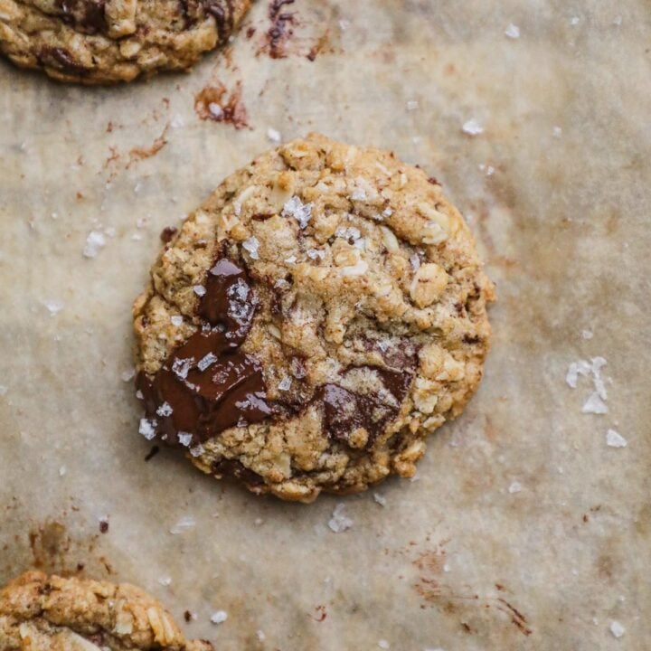 Soft and tender brown butter oatmeal chocolate chunk cookies with flaky sea salt.