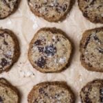 Chocolate chunk brown butter shortbread cookies with flaky sea salt.