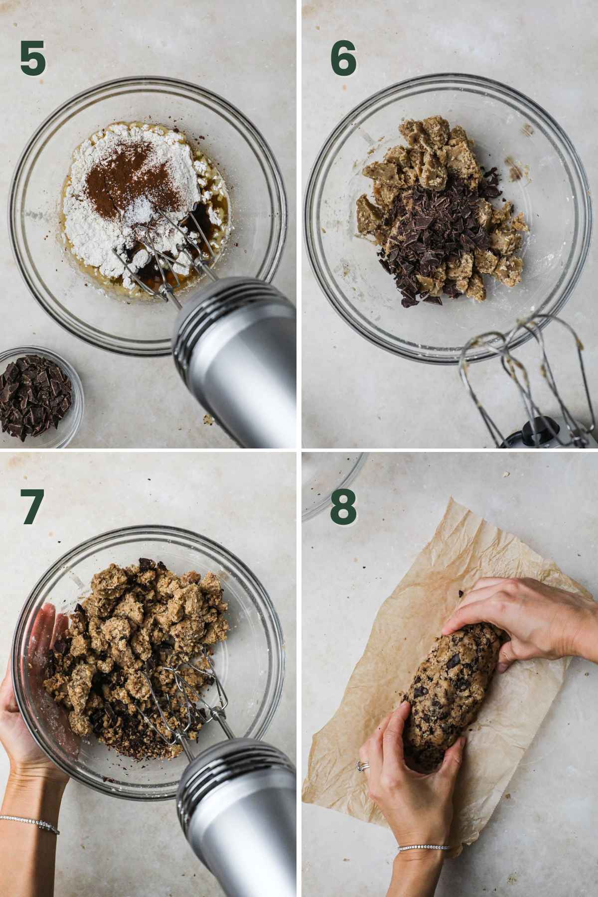 Steps to make brown butter chocolate chunk shortbread, add flour, espresso powder, kosher salt to butter mixture, stir in chocolate chunks, then form into a log.