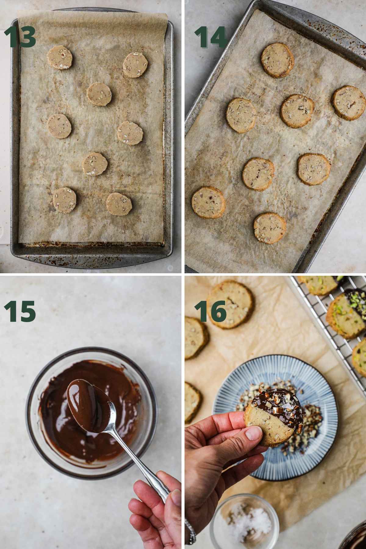 Steps to make brown sugar pecan shortbread, bake cookies, melt chocolate, dip in chocolate and top with pecans and flaky sea salt.