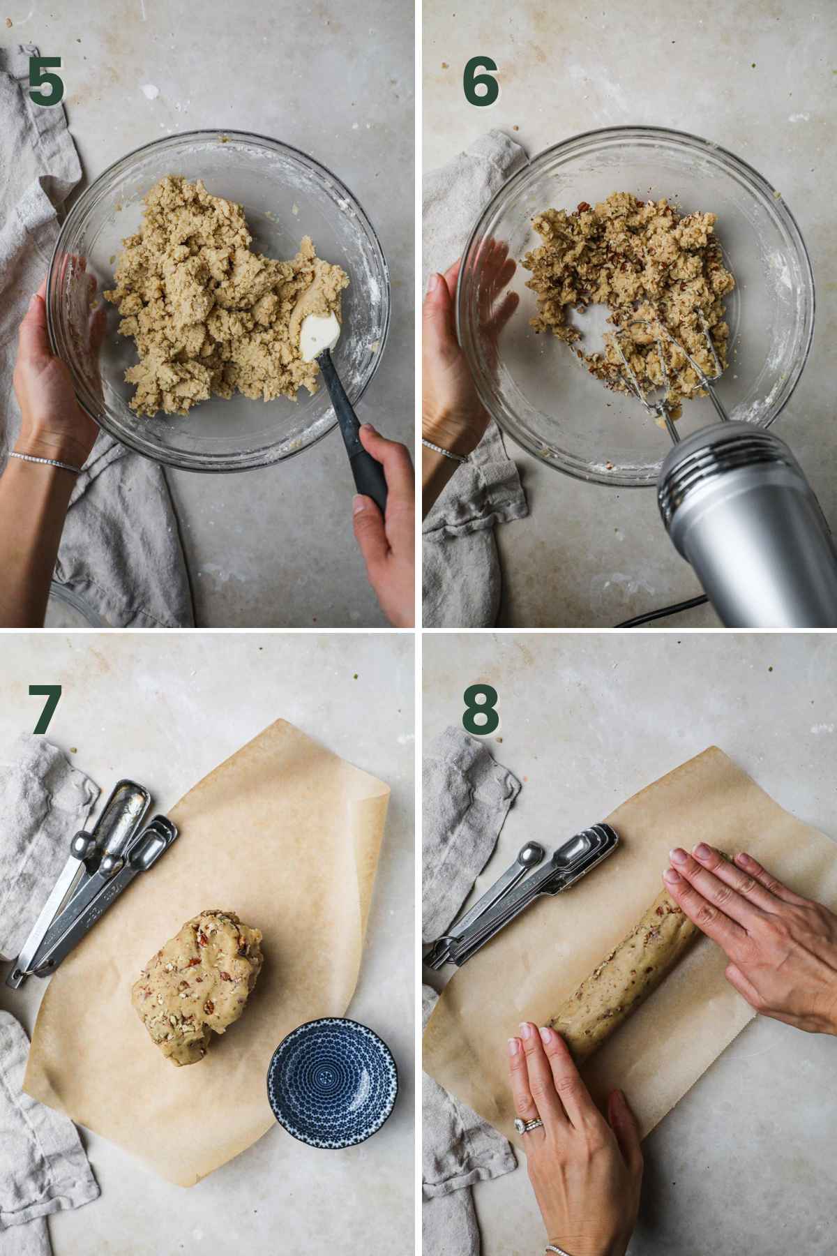 Steps to make brown sugar pecan shortbread, fold in pecans, place in parchment paper, and form a log.