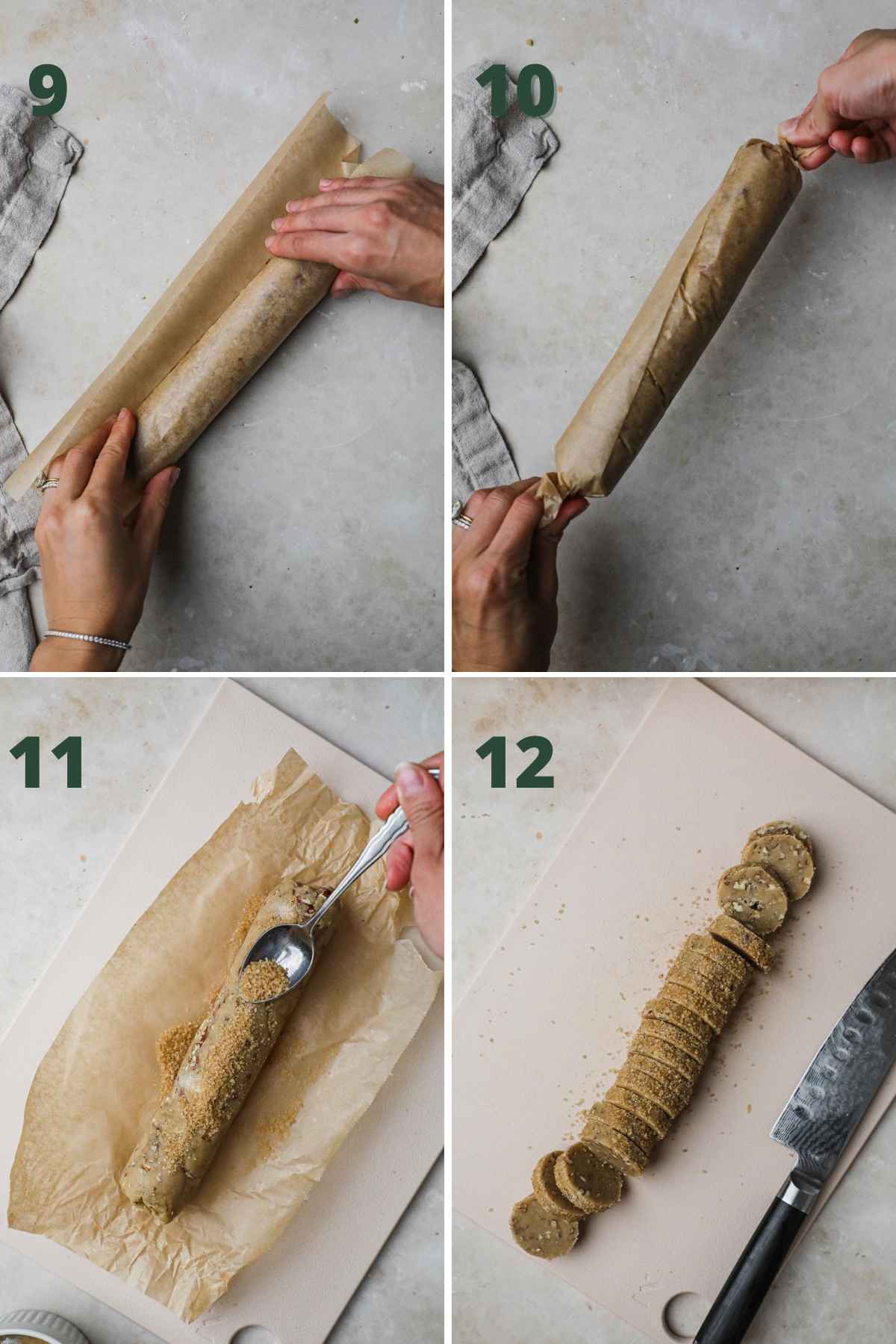 Steps to make brown sugar pecan shortbread, roll log and chill, press in turbinado sugar, and slice.