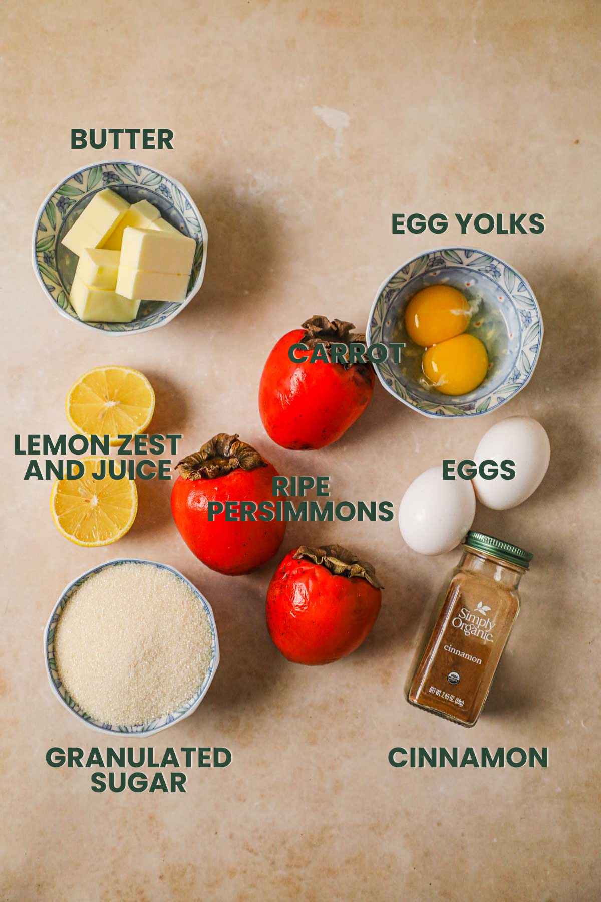 Ingredients for persimmon curd, butter, persimmons, egg yolks, eggs, lemon zest and juice, cinnamon, sugar.