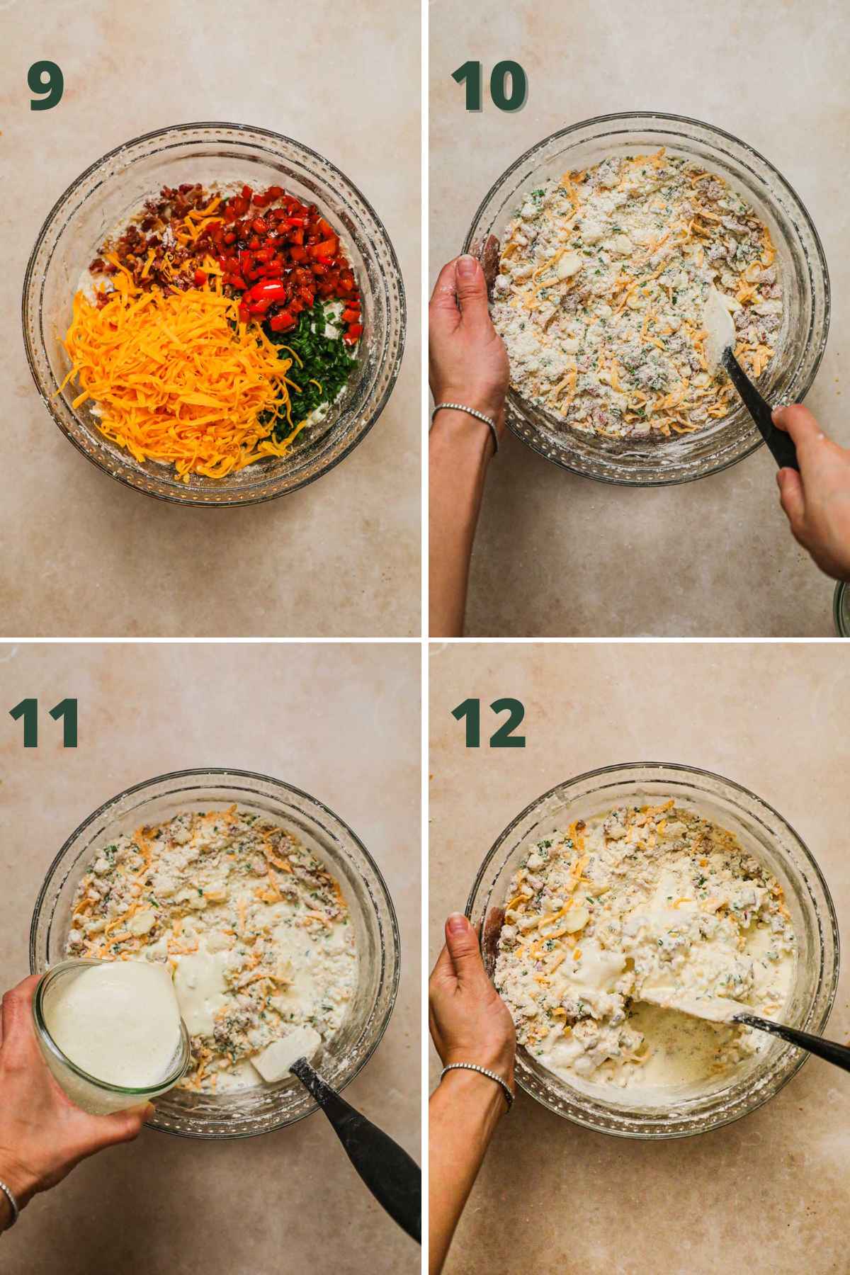 Steps to make bacon cheddar chive biscuits, add bacon, bell pepper, chives, and cheddar to the flour mixture, stir in cream to form a dough.
