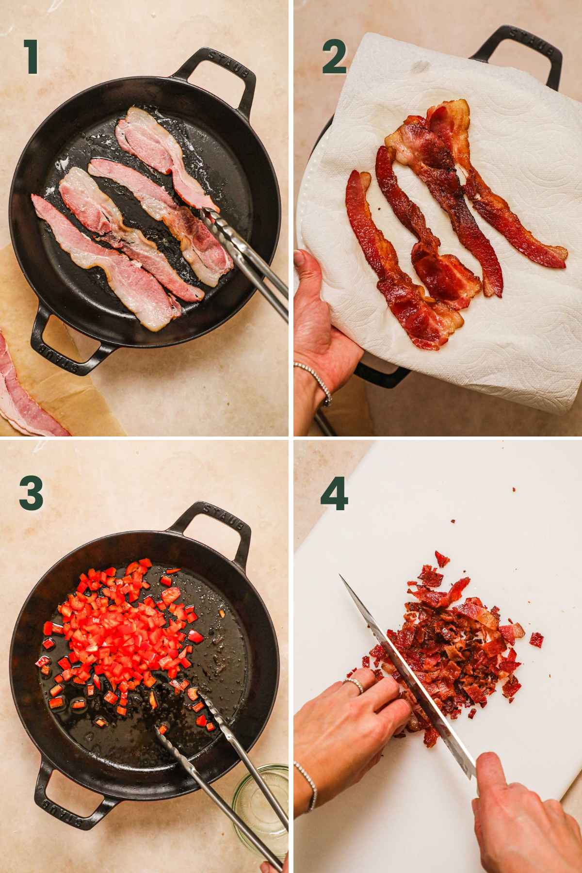 Steps to make bacon cheddar chive biscuits, cook bacon until crisp, drain on paper towel, cook bell pepper in bacon grease, chop bacon.