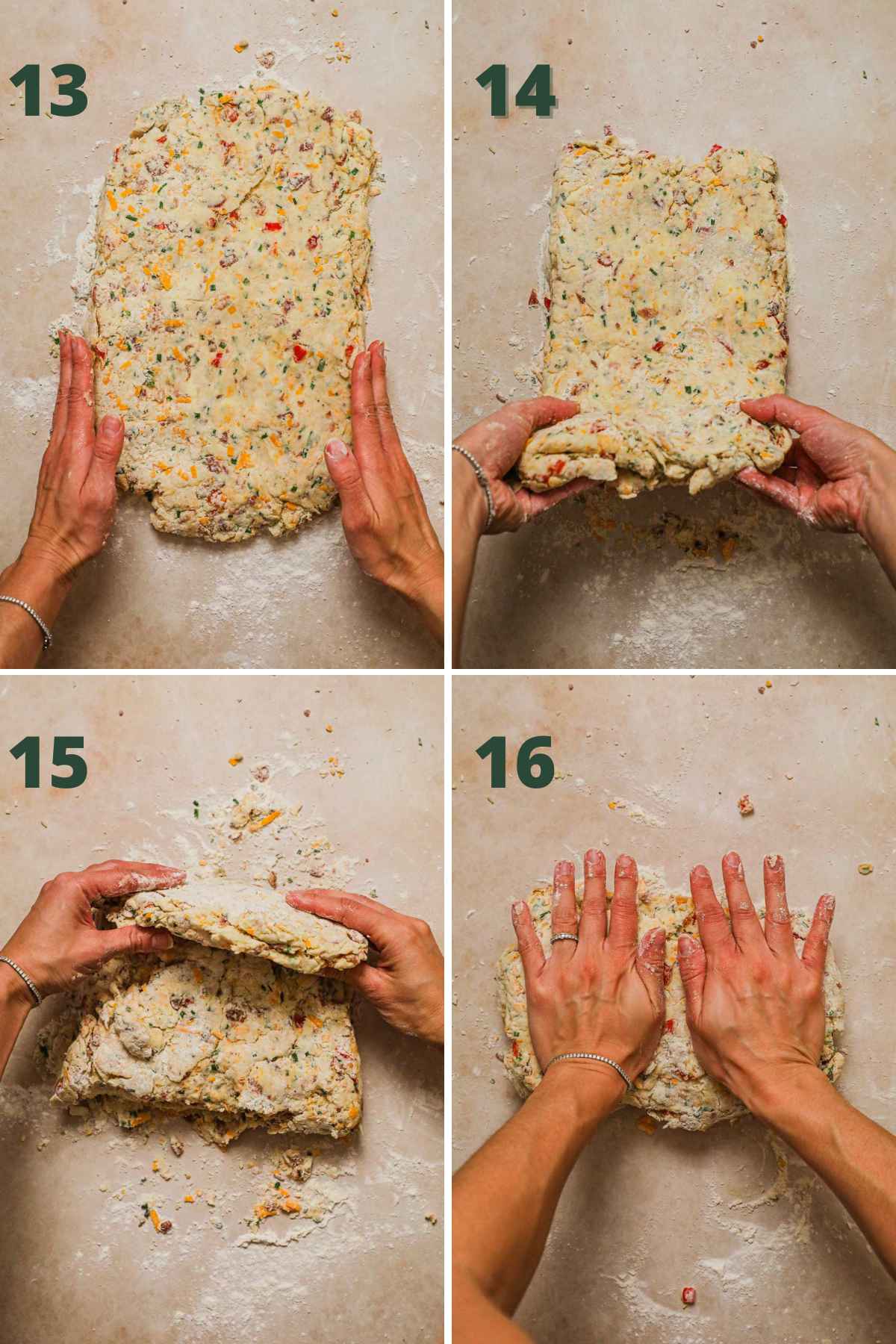 Steps to make bacon cheddar chive biscuits, form the dough into a rectangle, fold into thirds, press down, rotate, and repeat twice.
