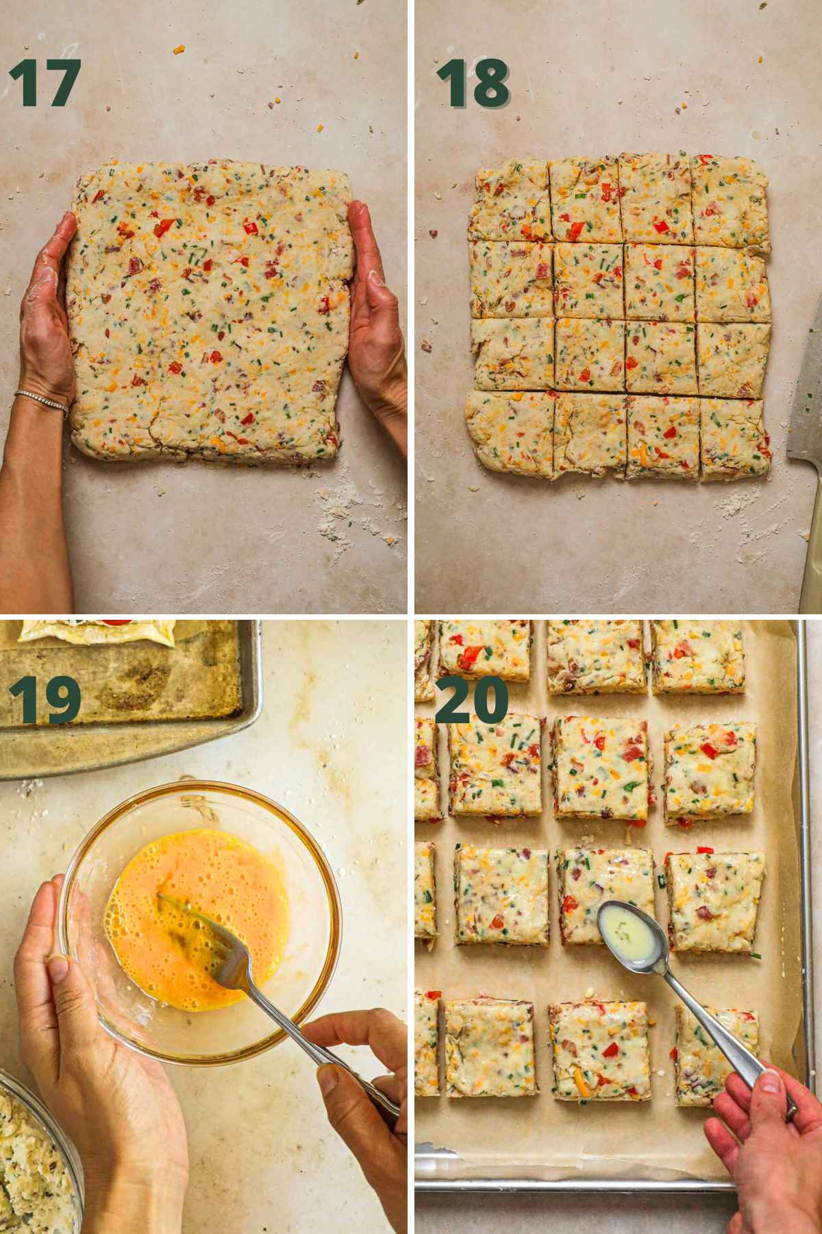 Steps to make bacon cheddar chive biscuits, form the dough into a square, cut into 16 pieces, brush with egg wash, and chill.