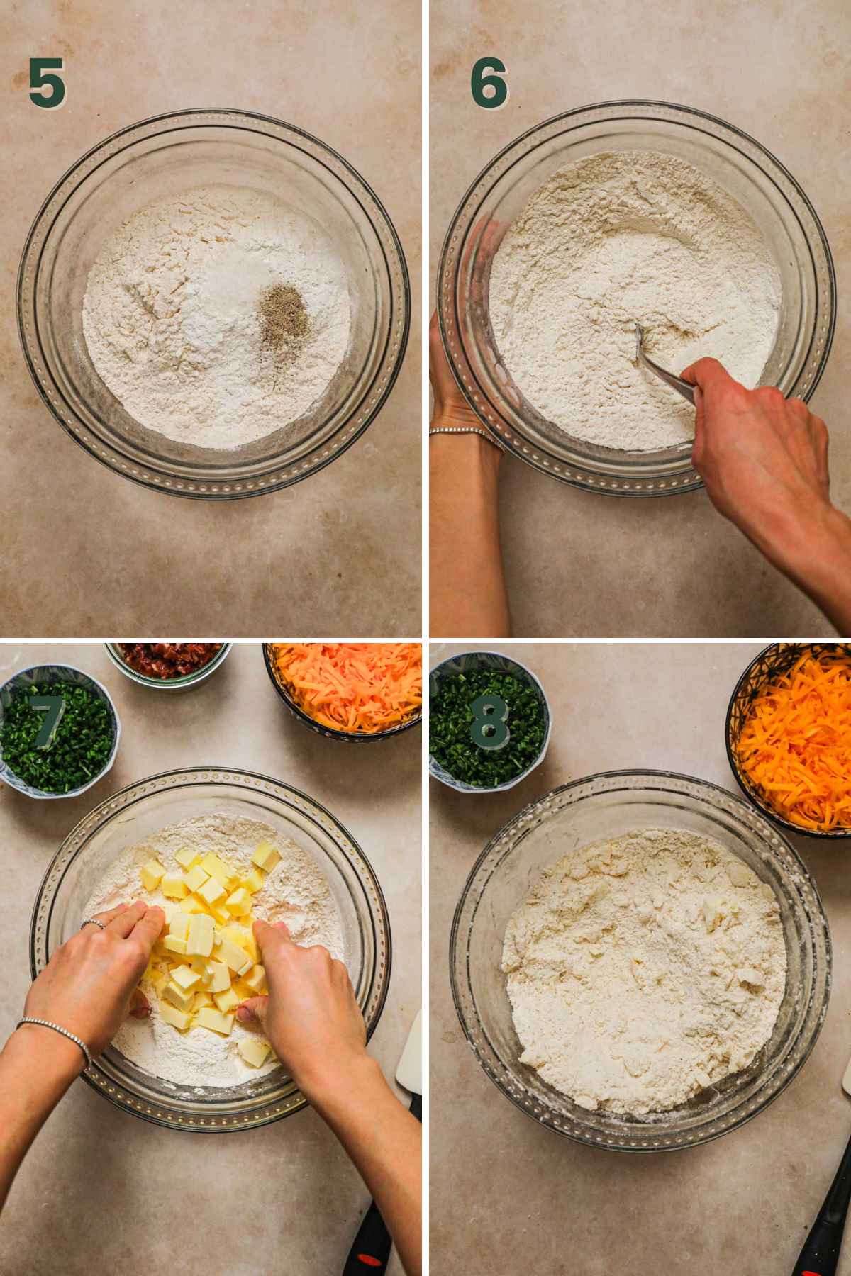 Steps to make bacon cheddar chive biscuits, whisk flour, baking powder, kosher salt, black pepper, pinch butter in flour.
