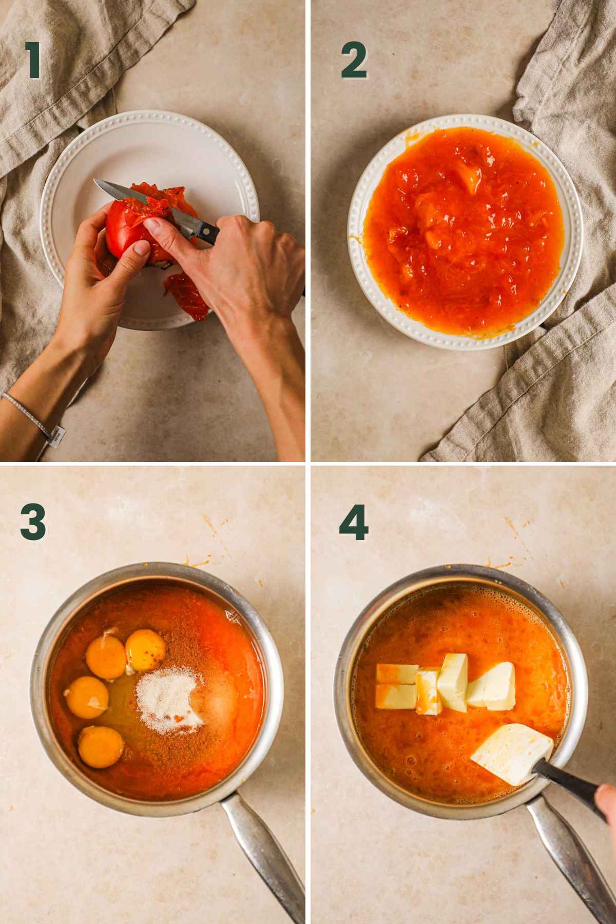 Steps to make persimmon curd, peel and blend persimmon, heat on low with eggs, yolks, sugar, cinnamon, lemon, and butter.