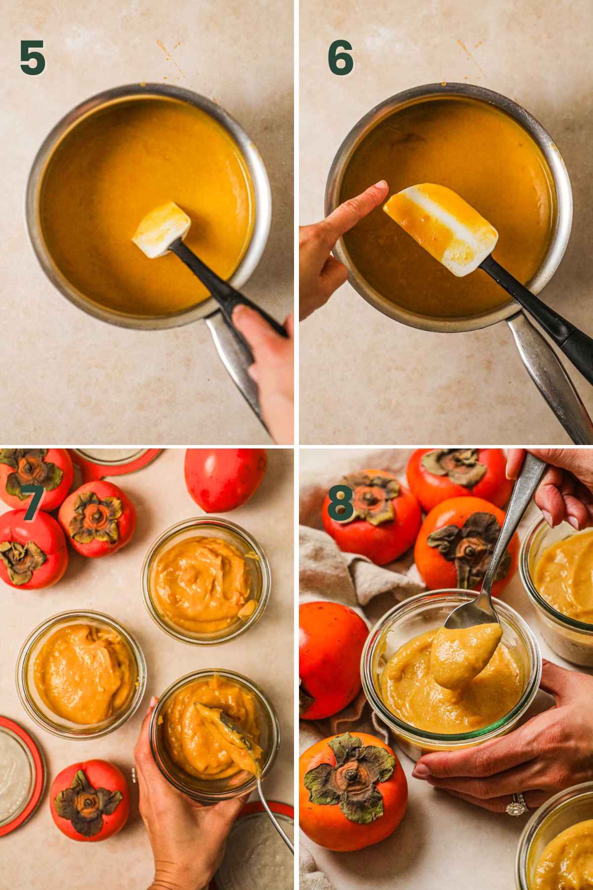 Steps to make persimmon curd, stir on low until thickened, transfer to clean air-tight containers, and enjoy as a spread.