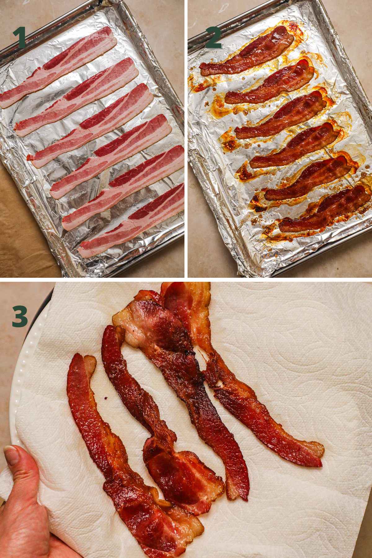 Steps to bake bacon in the oven, place bacon on an aluminum foil-lined baking sheet, bake, then drain on a paper towel.