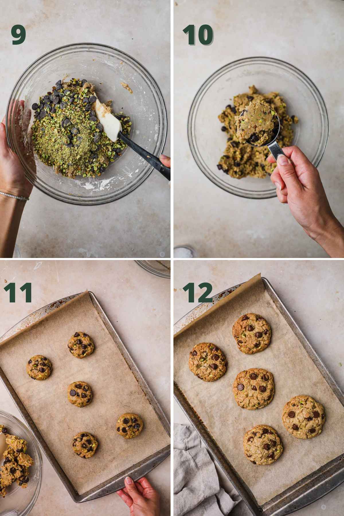 Steps to make pistachio chocolate chip cookies, fold in chocolate chunks and pistachios, then scoop onto baking sheet, and bake, top with flaky sea salt.